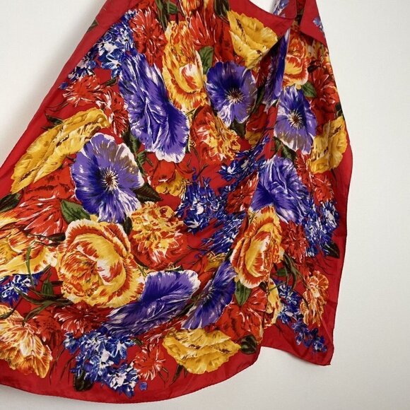 Elaine Gold Red Floral Square Scarf Vintage 33.5” X 35” Rolled Hem - Picture 2 of 5